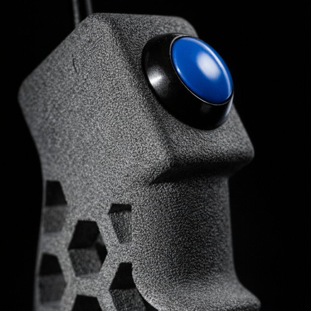 Close-up of the PGB blue push button and textured grip housing