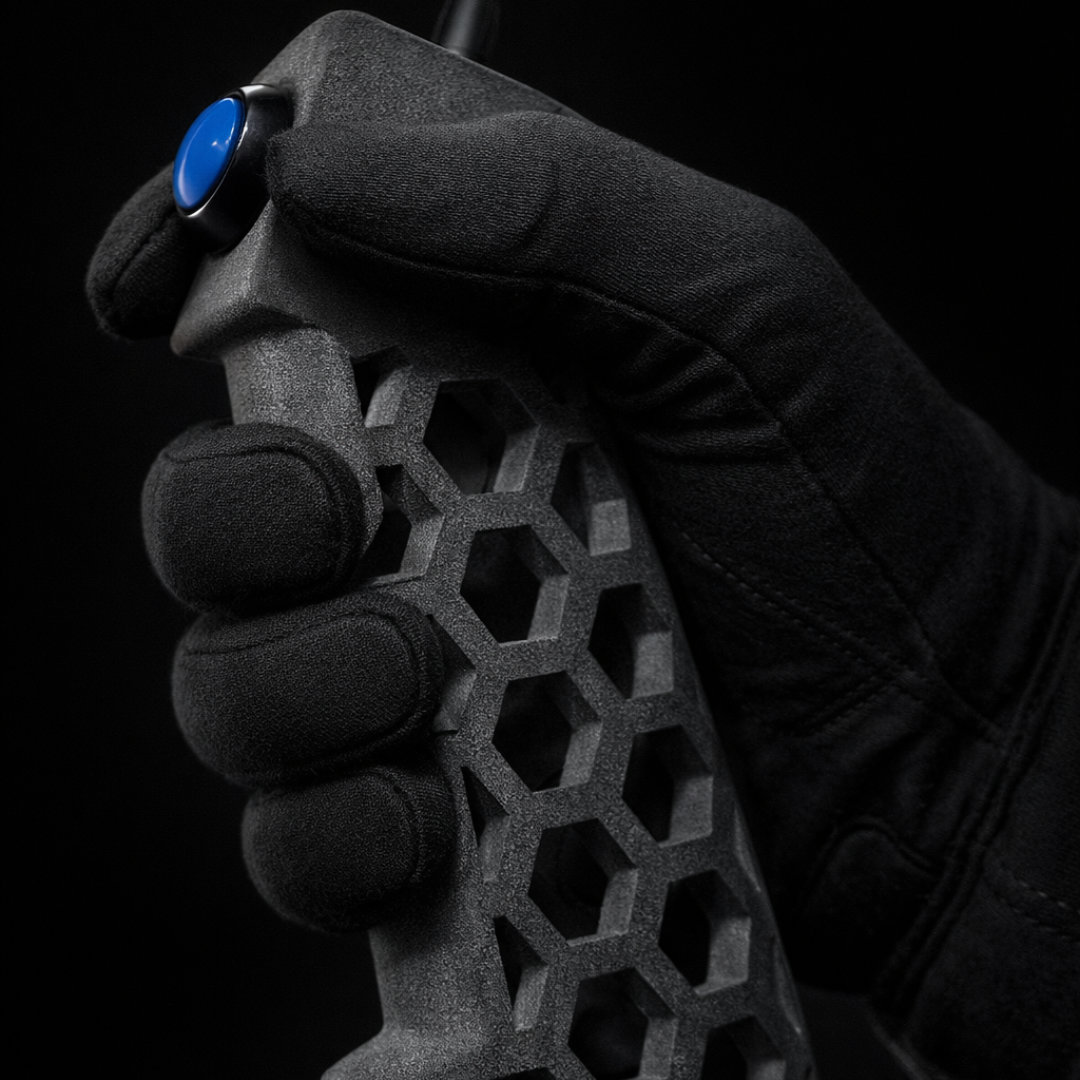 Gloved hand holding the PGB pistol grip trigger