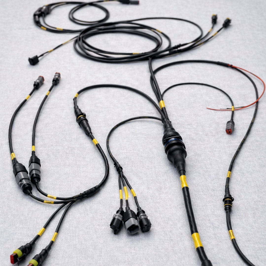 Completed motorsport Live Valve wiring harness system layout with sealed branch points and terminated connectors