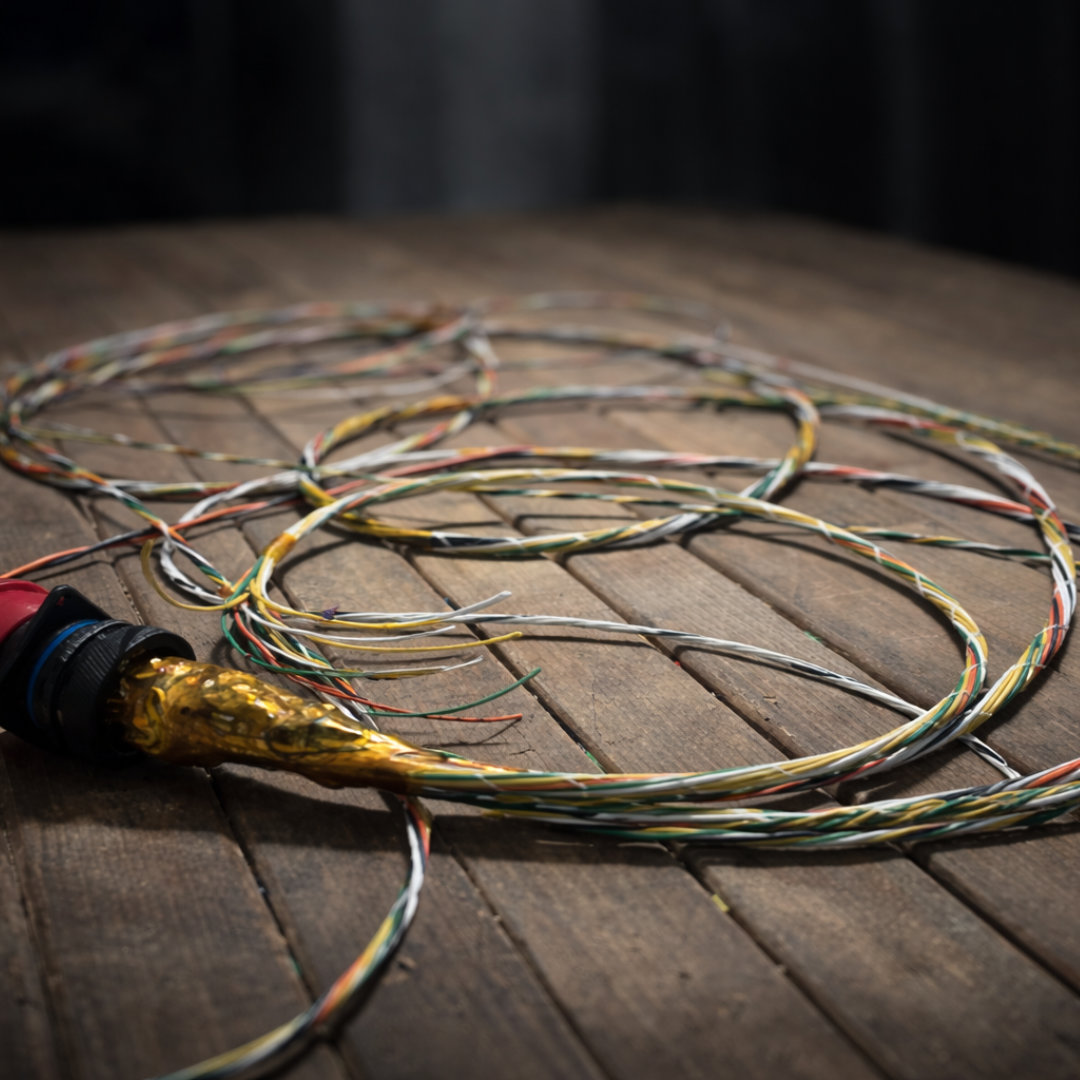 Motorsport harness wire twisting stage showing prepared conductors before final sheathing and sealing