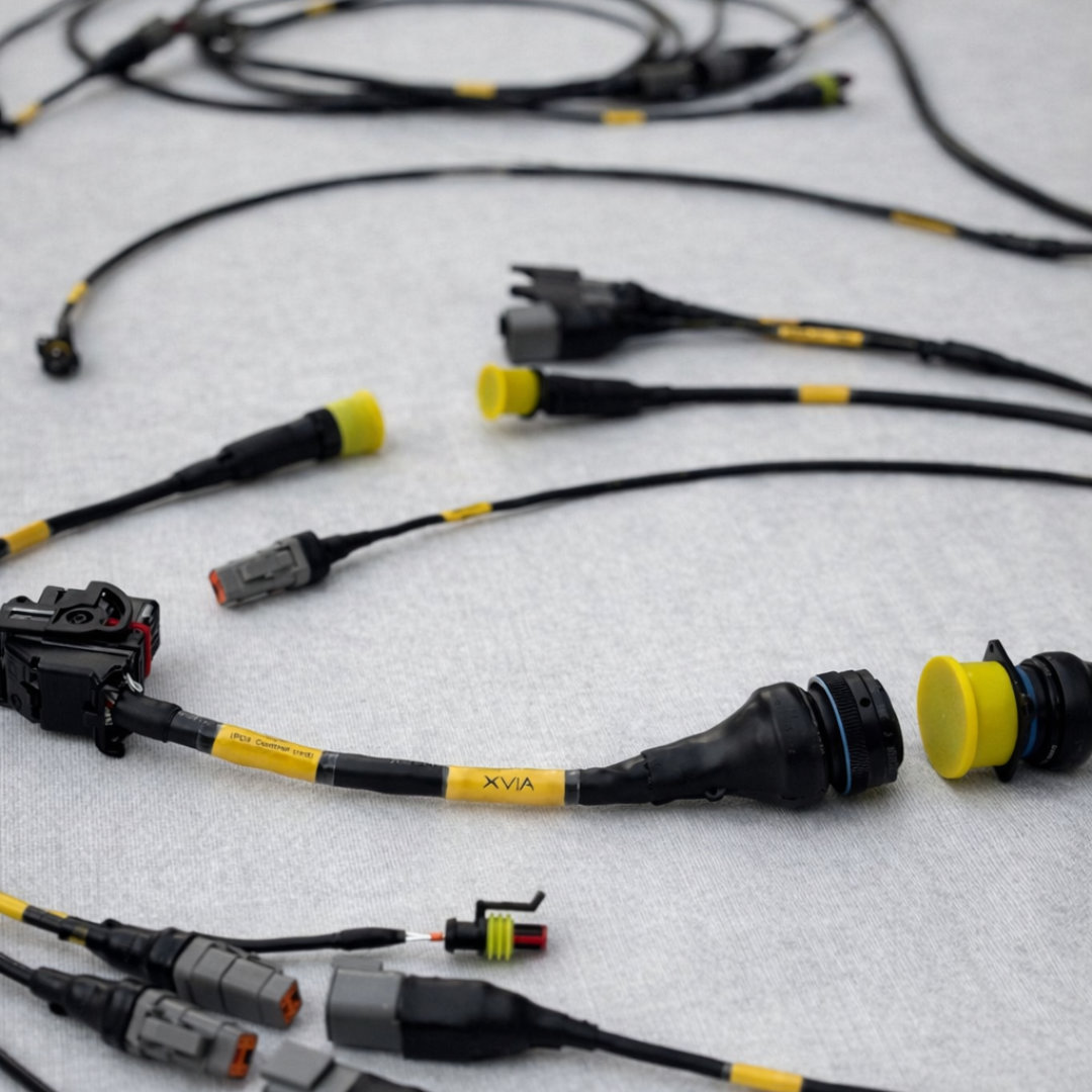 Close-up of off-road race wiring harness connectors with Raychem boots, heatshrink, and labeled branches